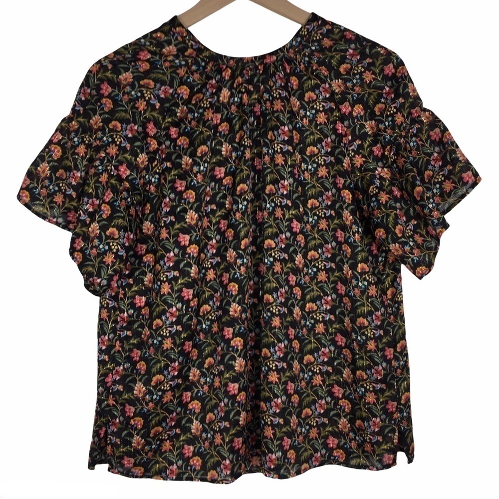 LOFT Top Blouse Sheer Floral Shimmer Metallic Stripe Short Sleeve Tie Back XS